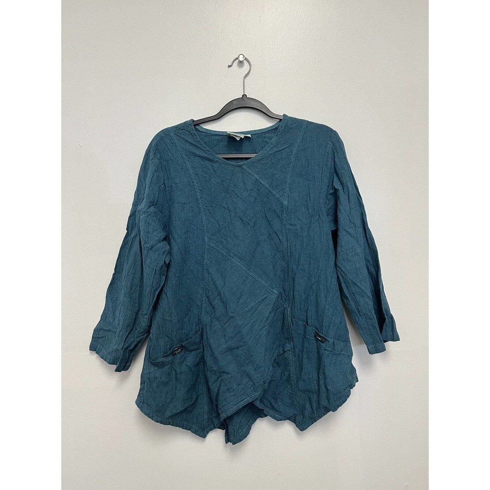 Mill Valley Lap Neck Asymmetrical Tunic Blue Striped Linen Lagenlook M